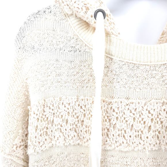 Free People Oversize Ivory Candy Crochet Lace Hoodie Kanga Pouch Tunic SweaterXS - Picture 3 of 12